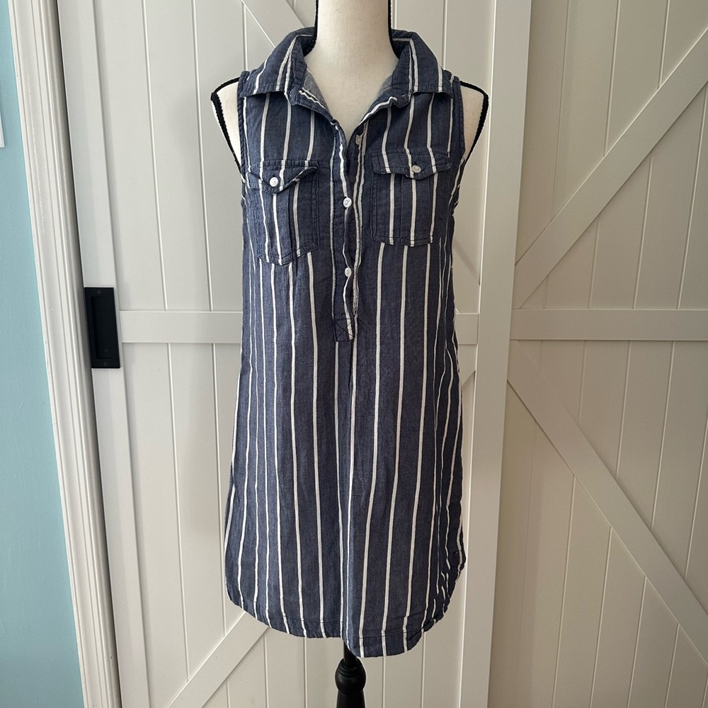 Japna Striped Sleeveless Tunic Top Medium Blue White Cotton Nautical Stripes